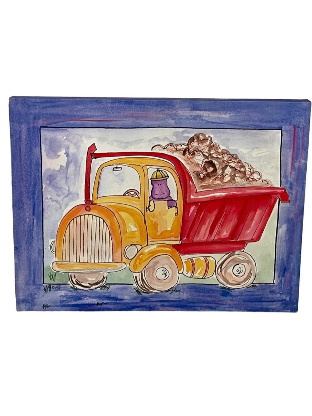 canvas art work kids room Stupell hippo dump truck red yellow purple 24x18" READ